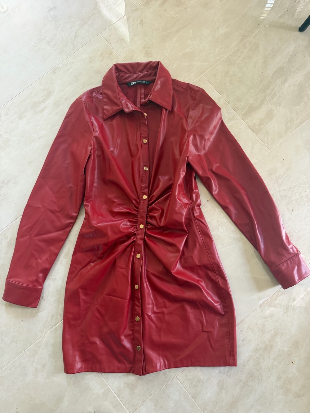 Zara Red Faux Leather Ruched Button-Front Jacket